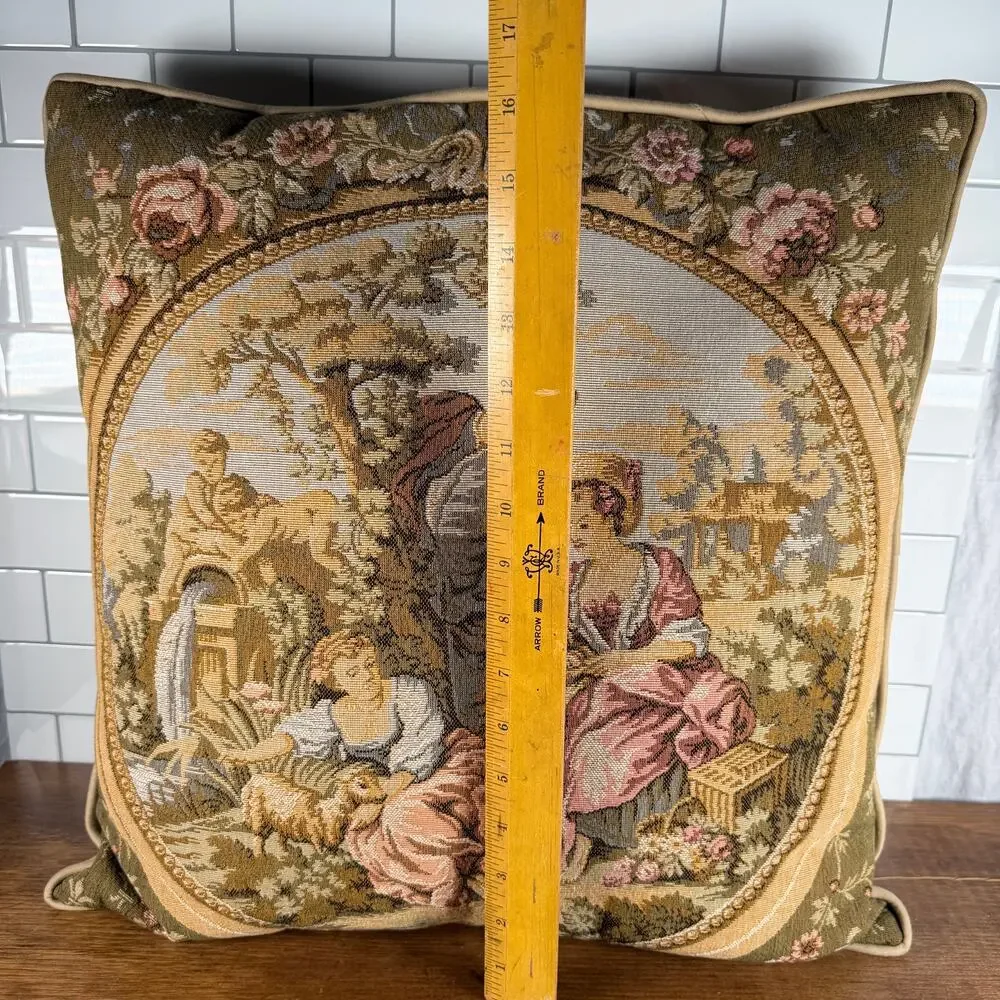 Vintage French Country Tapestry Courting Scene Throw Pillow 17x17